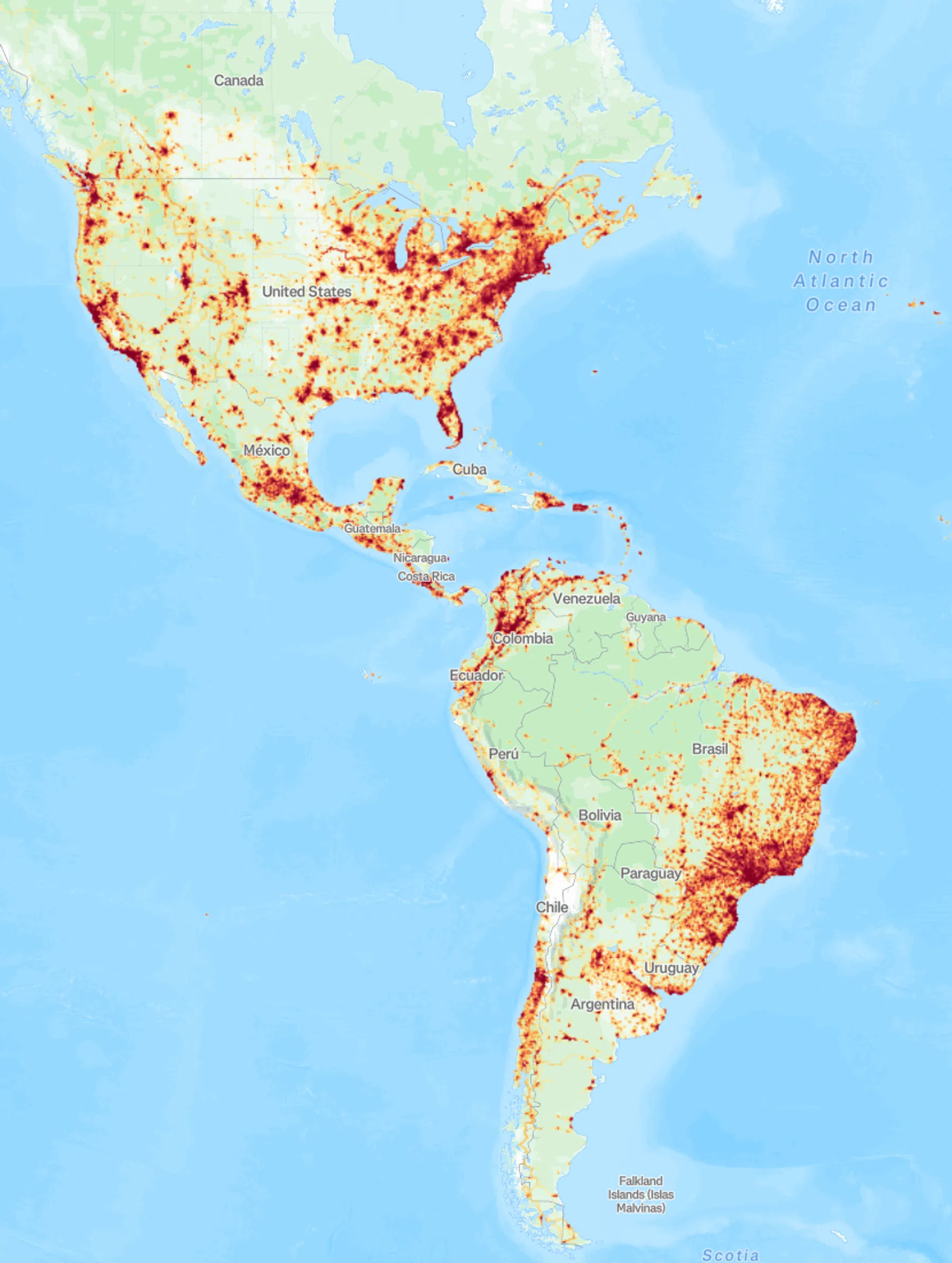 Strava-heatmap Noord- en Zuid-Amerika